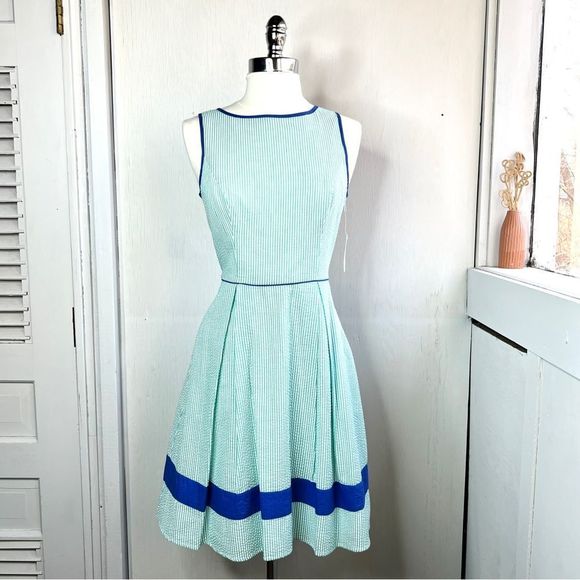 Jessica Simpson Dresses & Skirts - Jessica Simpson Green Seer Sucker Stripe Fit N Flare Dress NWT